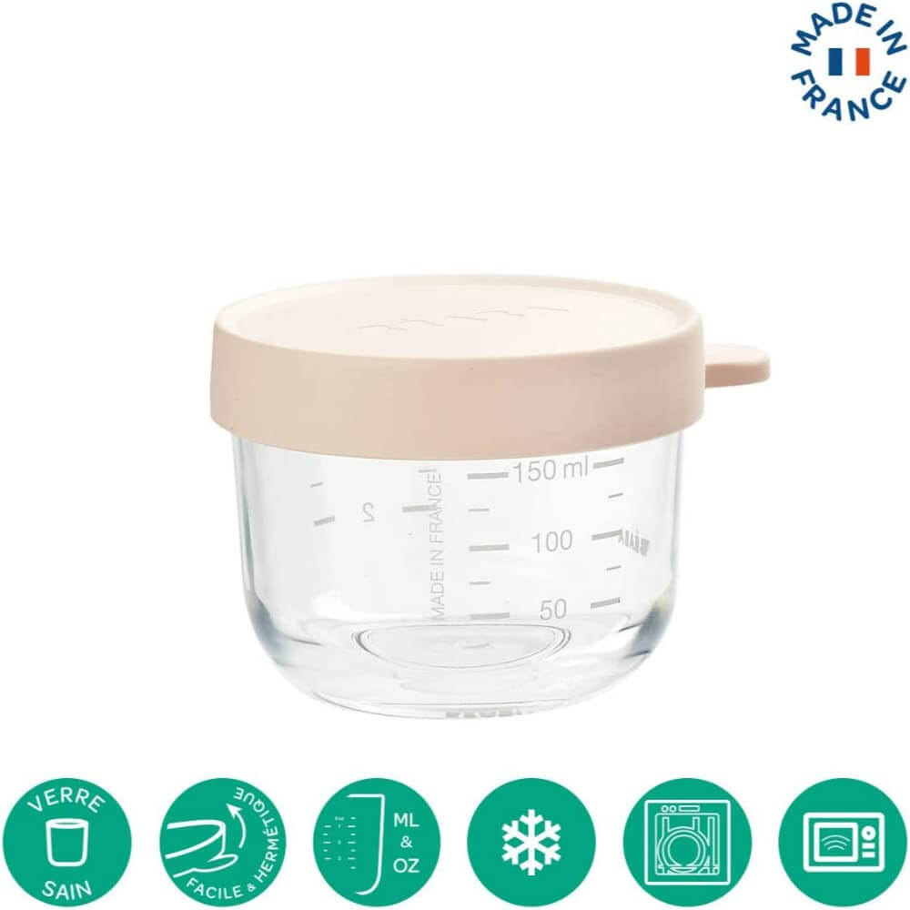 Beaba Glass Storage Container - Ideal Airtight Container for Storing Baby Snacks and Meals with Graduation Measuring Scale, Heat, Freeze, Sterilization, and Microwave Safe, 150ML