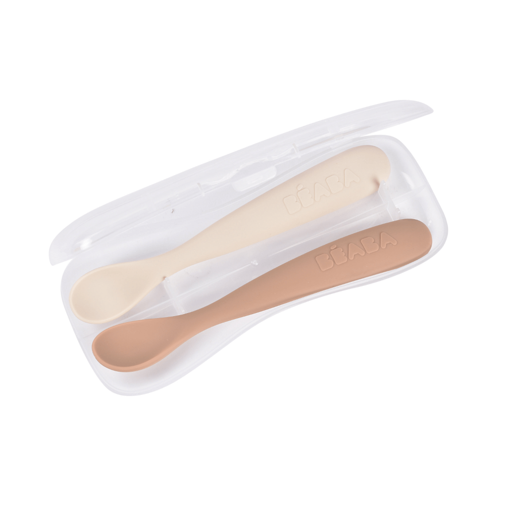 Beaba 1st Stage Soft Silicone Spoon - Set of 2, Baby Led Weaning Self Feeding Training Spoon with Ultra Soft Tip, Gum Friendly, Ergonomic Handles, Easy to clean, BPA Free, 4m+