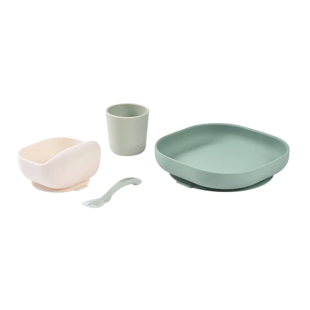 Beaba Silicone 4 Piece Baby Meal Set – Suction Plate, Suction Bowl, Anti-Slip Cup & 2nd Stage Spoon, Non-Slip, Unbreakable, Ergonomic Design, Easy to Clean, BPA-Free Baby Feeding Set for Mess-Free Mealtime Essentials, 4M+