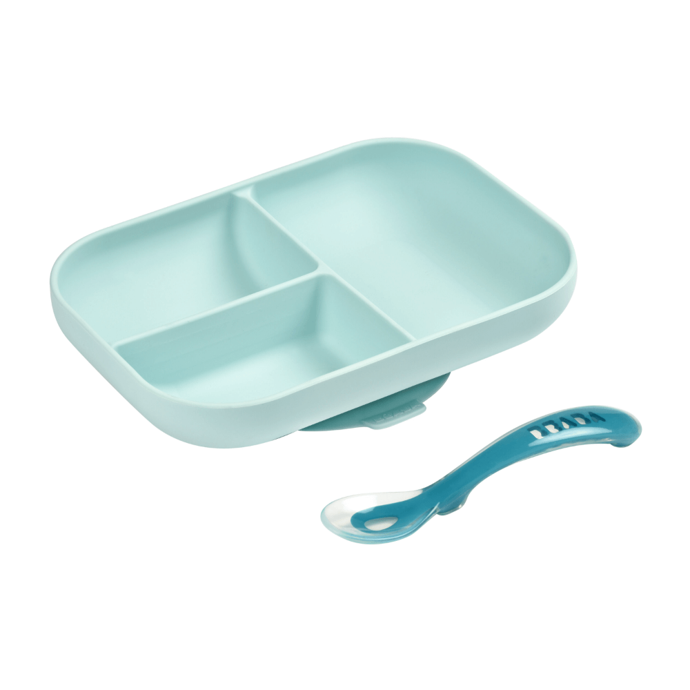Beaba Silicone 2 Piece Meal Set – Suction Divided Plate & 2nd Stage Silicone Spoon, Non-Slip, Unbreakable, Easy to Clean, BPA-Free Baby Feeding Set for Mess-Free Mealtime Essentials, 4M+
