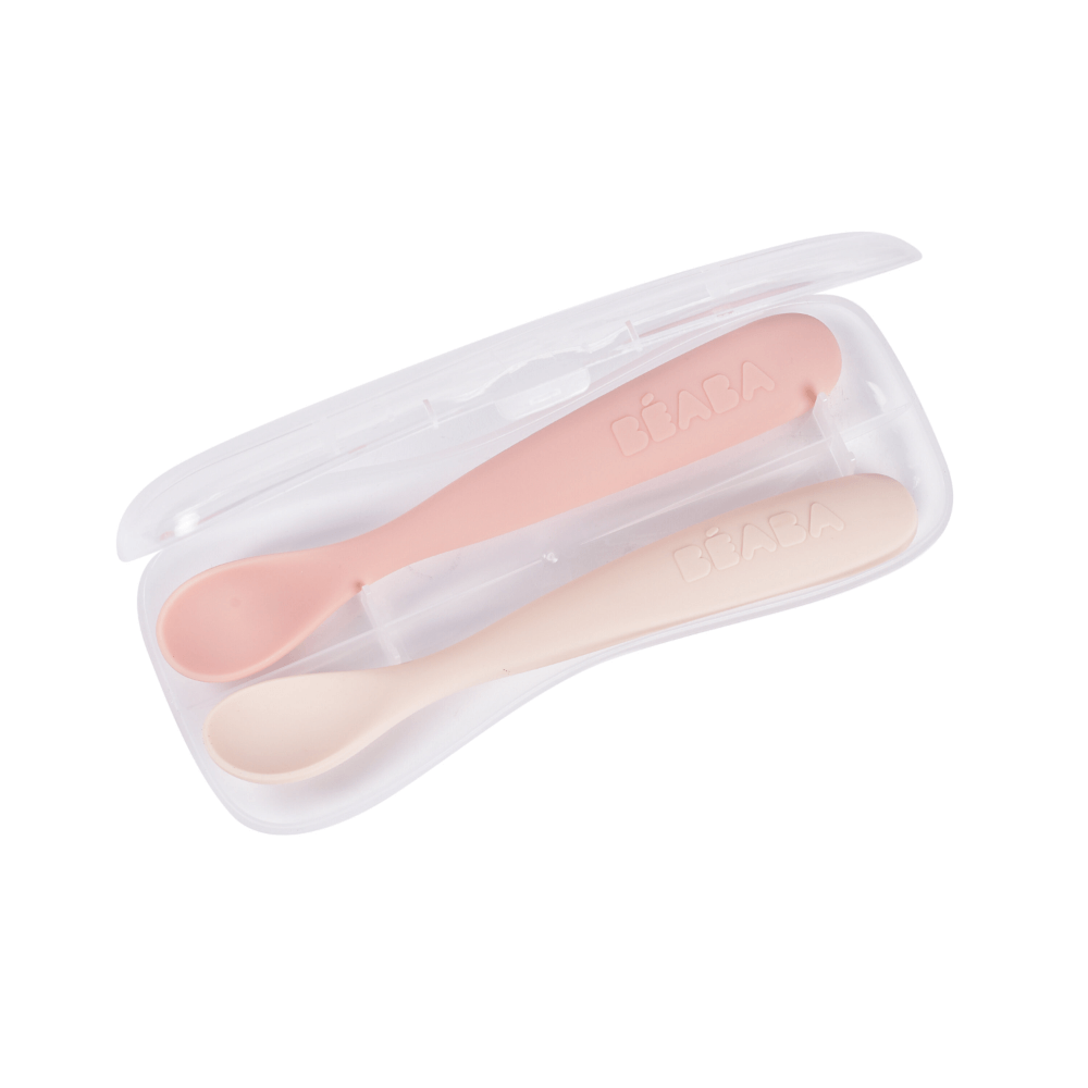 Beaba 1st Stage Soft Silicone Spoon - Set of 2, Baby Led Weaning Self Feeding Training Spoon with Ultra Soft Tip, Gum Friendly, Ergonomic Handles, Easy to clean, BPA Free, 4m+