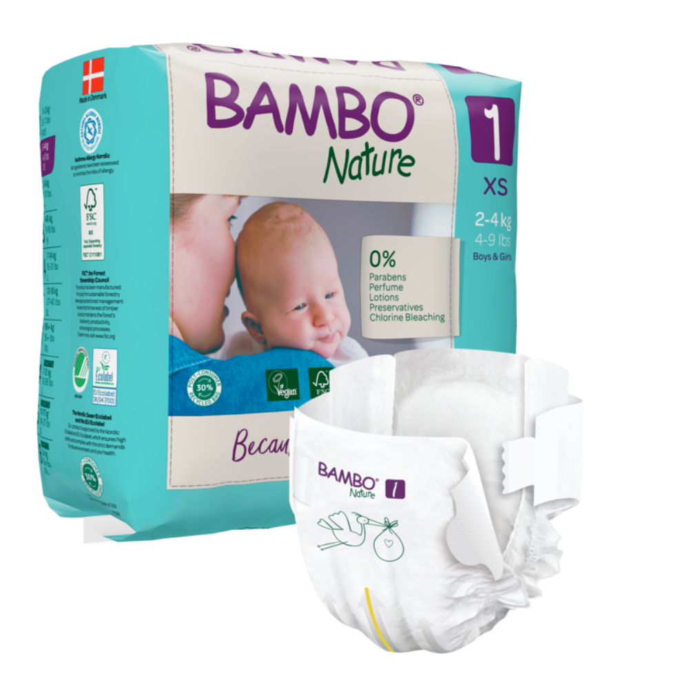 Bambo Nature Premium Baby Tape Diapers for New Born Baby, XS Size (2-4 Kgs) - Super Absorbent, Breathable, Extra Soft, Dermatologically Tested, Hypoallergenic Nappies With A Wetness Indicator, 22 Count