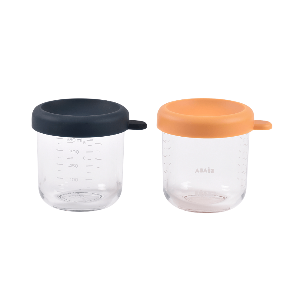 Beaba Glass Storage Container - Airtight Jar for Storing Baby Snacks and Meals with Graduation Measuring Scale, Heat, Freeze, Sterilization, and Microwave Safe, 250ML, Set of 2