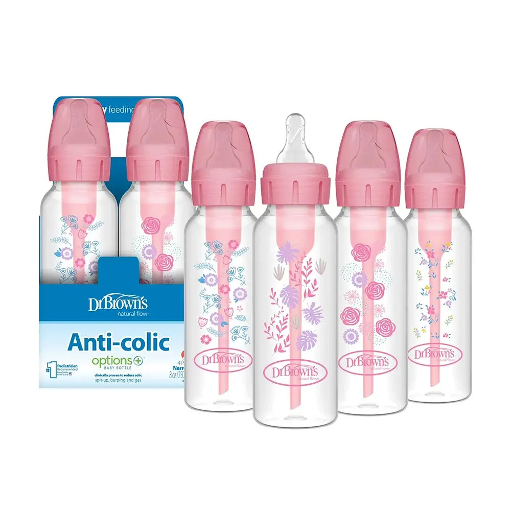 Dr. Brown's Natural Flow Anti-Colic Options+ Narrow Baby Bottle, 8 oz/250 ml - 4-Pack