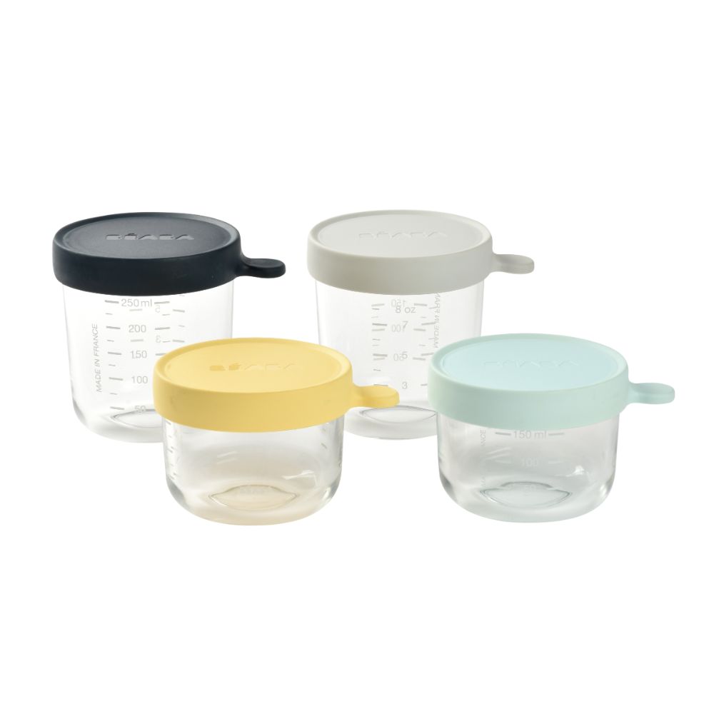 Beaba Glass Storage Container - Ideal Airtight Container for Storing Baby Snacks and Meals with Graduation Measuring Scale, Heat, Freeze, Sterilization, and Microwave Safe, 150ML*2 and 250ML*2, Set of 4
