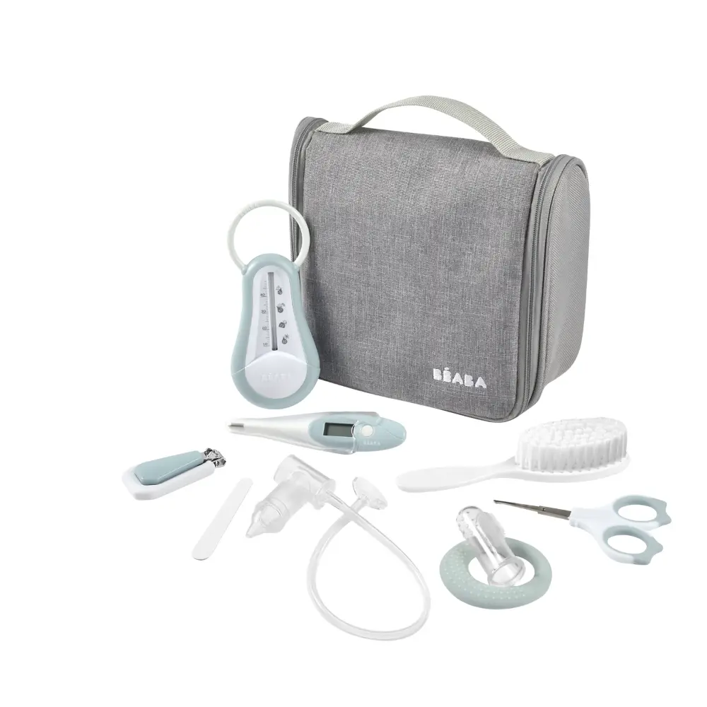 Beaba 9 Baby Toiletry & Grooming Essentials, Includes Thermometer, Hairbrush, Nail Clippers, Nasal Aspirator, Gum Massaging Toothbrush, Teether Baby Scissors, Bath Thermometer, Nail File, and Multi-Compartment Travel Pouch