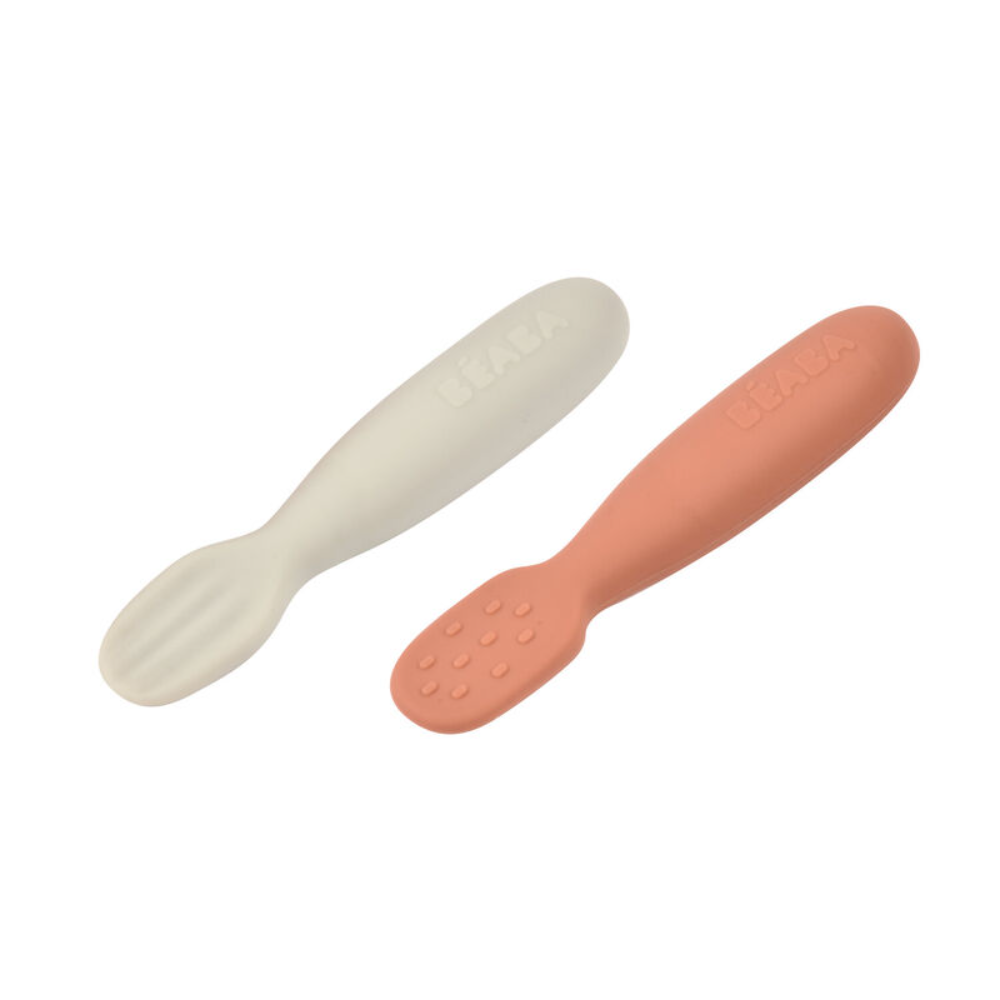 Beaba Set of 2 Silicone Pre-Feeding Spoons for Baby and Infants - Textured Tip + Flat Tip, Gentle on Gums, Short and Round Ergonomic Handle, Soft Food Grade Silicone, 4m+