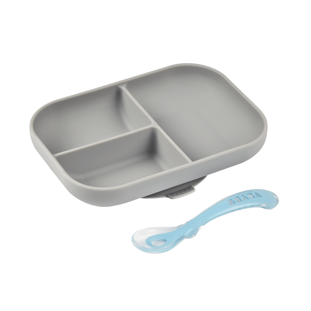 Beaba Silicone 2 Piece Meal Set – Suction Divided Plate & 2nd Stage Silicone Spoon, Non-Slip, Unbreakable, Easy to Clean, BPA-Free Baby Feeding Set for Mess-Free Mealtime Essentials, 4M+