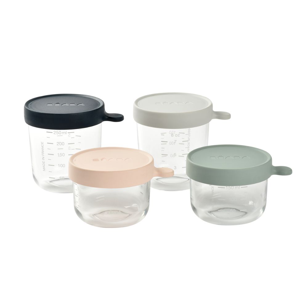 Beaba Glass Storage Container - Ideal Airtight Container for Storing Baby Snacks and Meals with Graduation Measuring Scale, Heat, Freeze, Sterilization, and Microwave Safe, 150ML*2 and 250ML*2, Set of 4