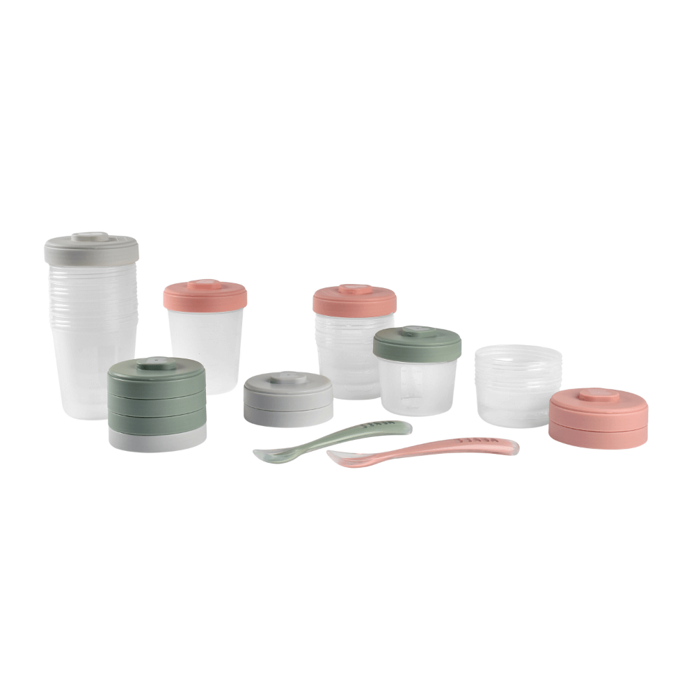 Beaba Expert Food Storage Set - Airtight Interlocking Containers for Baby & Toddler Meals with Graduation Scale, Microwave & Freezer Safe, Set of 14 (2 x 90ML, 4 x 150ML, 6 x 250ML & 2 Spoons)