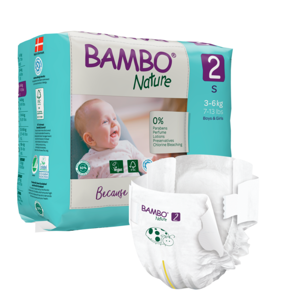 Bambo Nature Premium Baby Tape Diapers for New Born Baby, S Size (3-6 Kgs) - Super Absorbent, Breathable, Extra Soft, Dermatologically Tested, Hypoallergenic Nappies With A Wetness Indicator, 30 Count