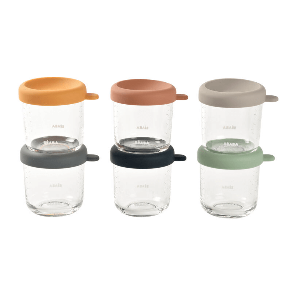 Beaba Glass Storage Container - Ideal Airtight Container for Storing Baby Snacks and Meals with Graduation Measuring Scale, Heat, Freeze, Sterilization, and Microwave Safe, 250ML, Set of 6