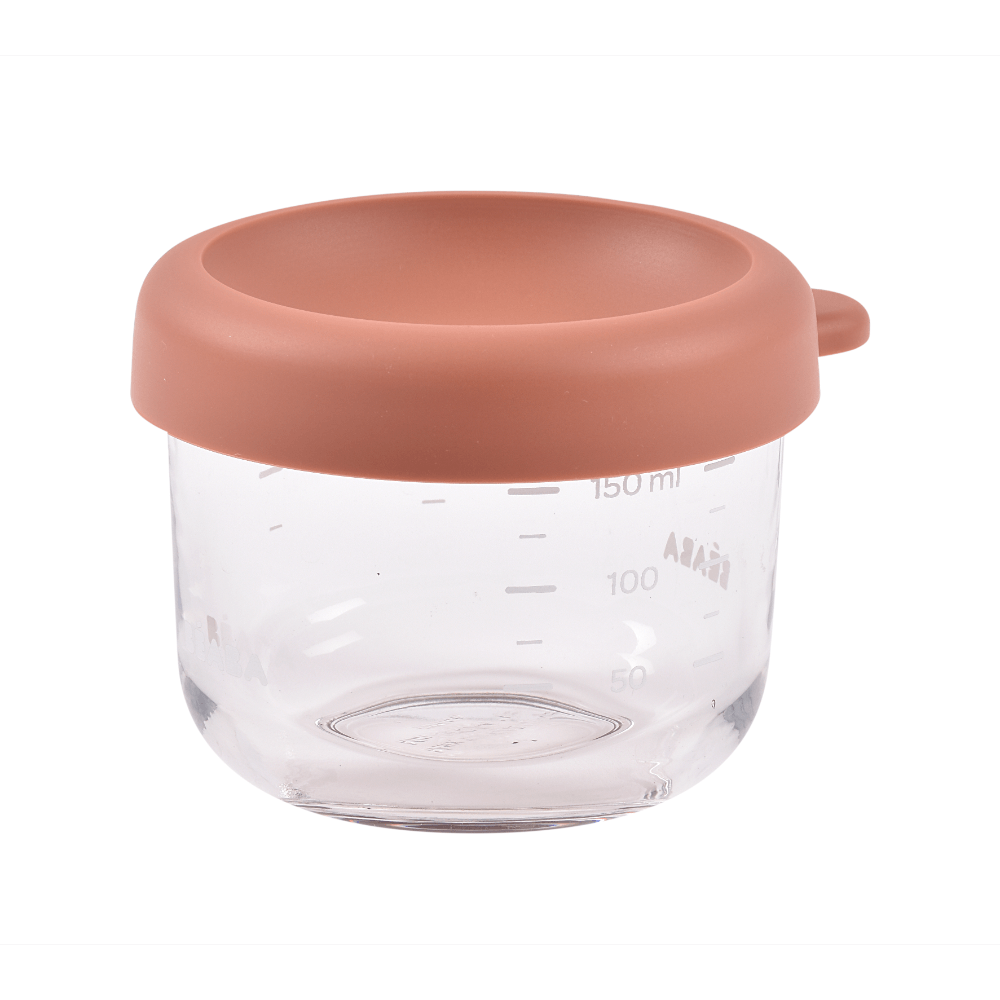 Beaba Glass Storage Container - Ideal Airtight Container for Storing Baby Snacks and Meals with Graduation Measuring Scale, Heat, Freeze, Sterilization, and Microwave Safe, 150ML