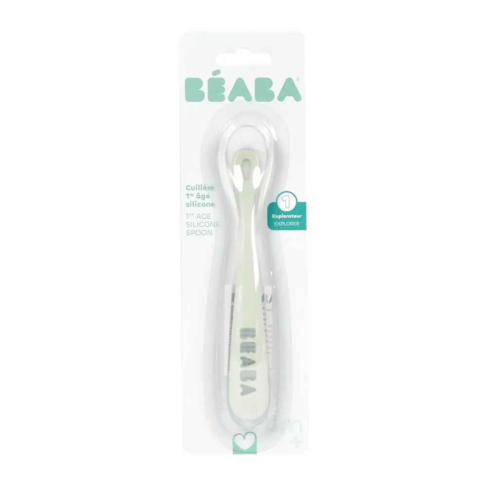 Beaba 1st Stage Silicone Spoon - Baby Led Weaning Self Feeding Training Spoon with Ultra Soft Tip, Gum Friendly, Ergonomic Handles, BPA Free, 4m+