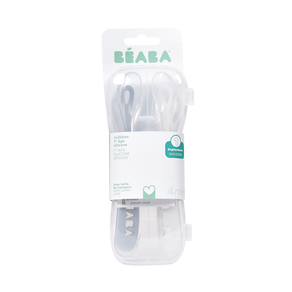 Beaba 1st Stage Silicone Spoon - Set of 2, Baby Led Weaning Self Feeding Training Spoon with Ultra Soft Tip, Gum Friendly, Ergonomic Handles, BPA Free, 4m+