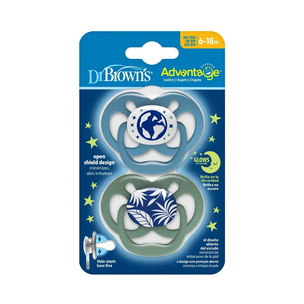 Dr. Brown's Advantage Pacifier, Stage 2, Glow in the Dark, Blue Nature, 2-Pack (PA22004-P4.R1)