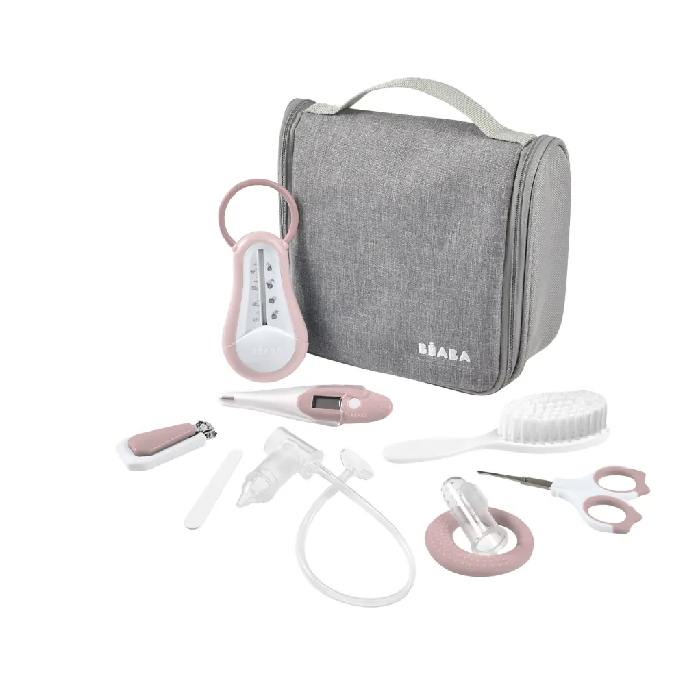 Beaba 9 Baby Toiletry & Grooming Essentials, Includes Thermometer, Hairbrush, Nail Clippers, Nasal Aspirator, Gum Massaging Toothbrush, Teether Baby Scissors, Bath Thermometer, Nail File, and Multi-Compartment Travel Pouch