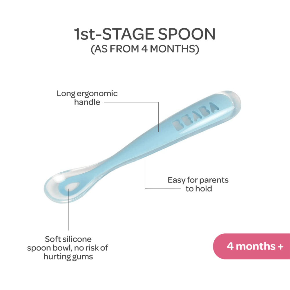 Beaba 1st Stage Silicone Spoon - Baby Led Weaning Self Feeding Training Spoon with Ultra Soft Tip, Gum Friendly, Ergonomic Handles, BPA Free, 4m+