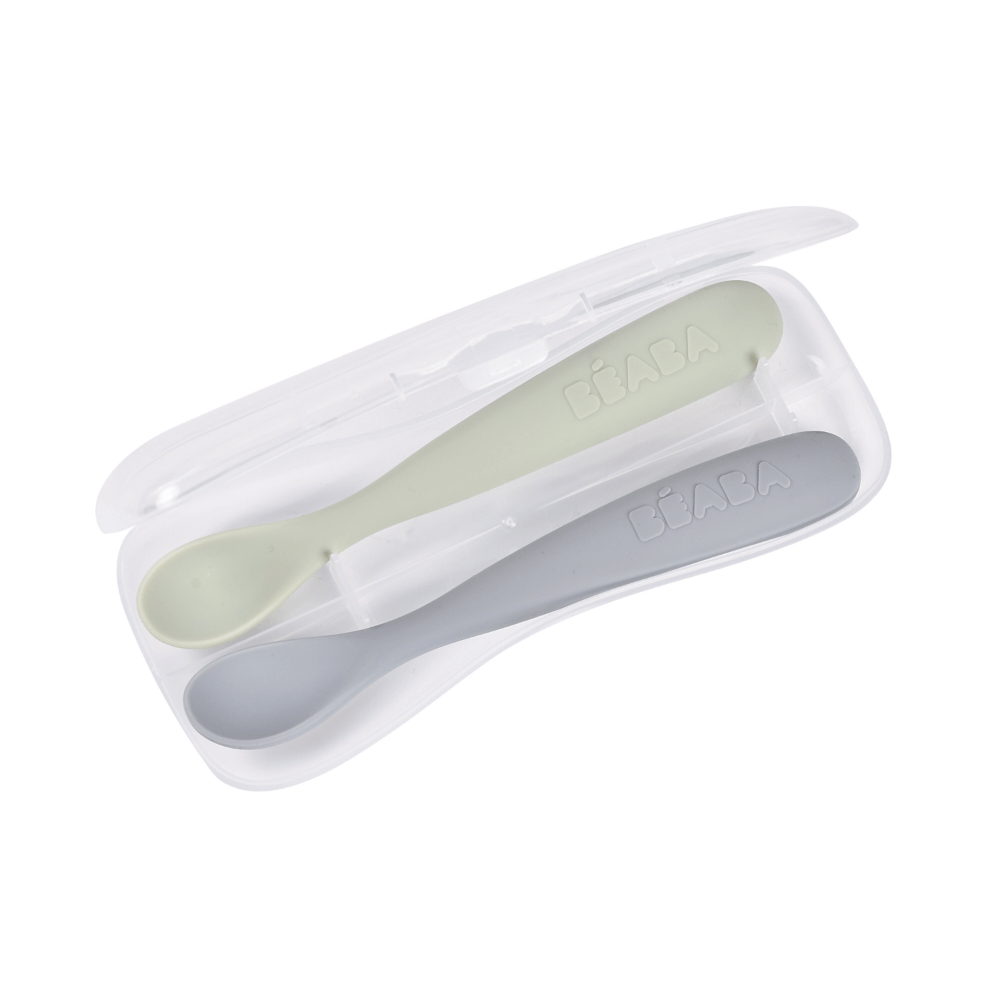 Beaba 1st Stage Soft Silicone Spoon - Set of 2, Baby Led Weaning Self Feeding Training Spoon with Ultra Soft Tip, Gum Friendly, Ergonomic Handles, Easy to clean, BPA Free, 4m+