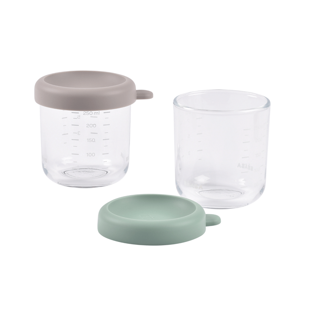 Beaba Glass Storage Container - Airtight Jar for Storing Baby Snacks and Meals with Graduation Measuring Scale, Heat, Freeze, Sterilization, and Microwave Safe, 250ML, Set of 2