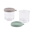 Beaba Glass Storage Container - Airtight Jar for Storing Baby Snacks and Meals with Graduation Measuring Scale, Heat, Freeze, Sterilization, and Microwave Safe, 250ML, Set of 2