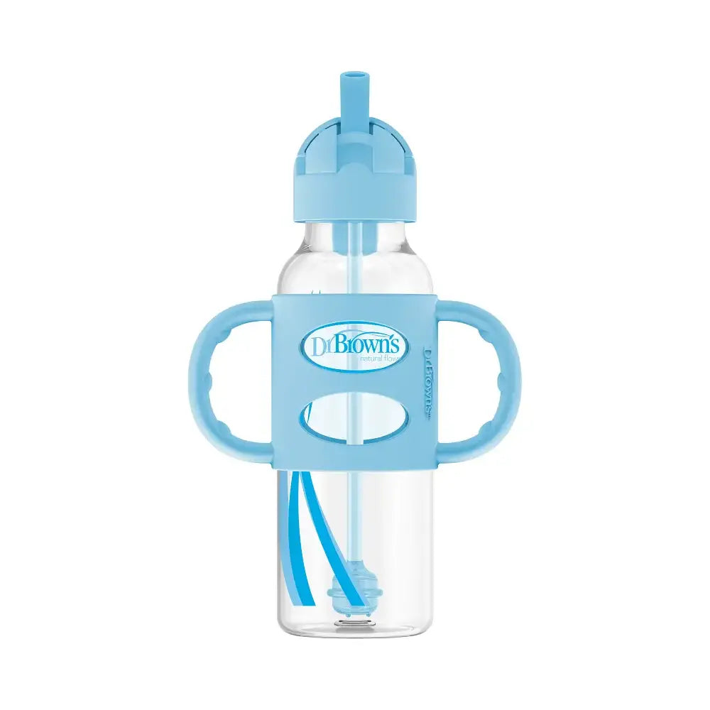 Dr. Brown's 8 oz/250 mL Narrow Sippy Straw Bottles w/ Silicone Handles, Gray & Blue, 2-Pack