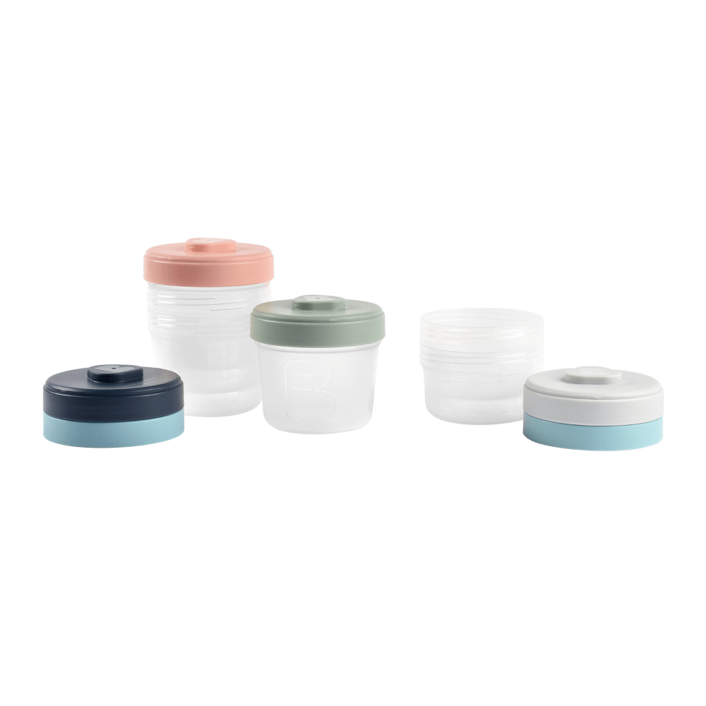 Beaba Starter Food Storage Set - Airtight Interlocking Stackable Containers for Baby & Toddler Meals with Graduation Scale, Leakproof, Microwave & Freezer Safe, Set of 6 (2x90ML & 4x150ML), Multicolor