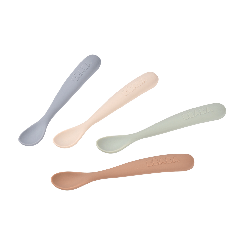 Beaba 1st Stage Silicone Spoon - Set of 4, Baby Led Weaning Self Feeding Training Spoon with Ultra Soft Tip, Gum Friendly, Ergonomic Handles, BPA Free, Natural, 4m+