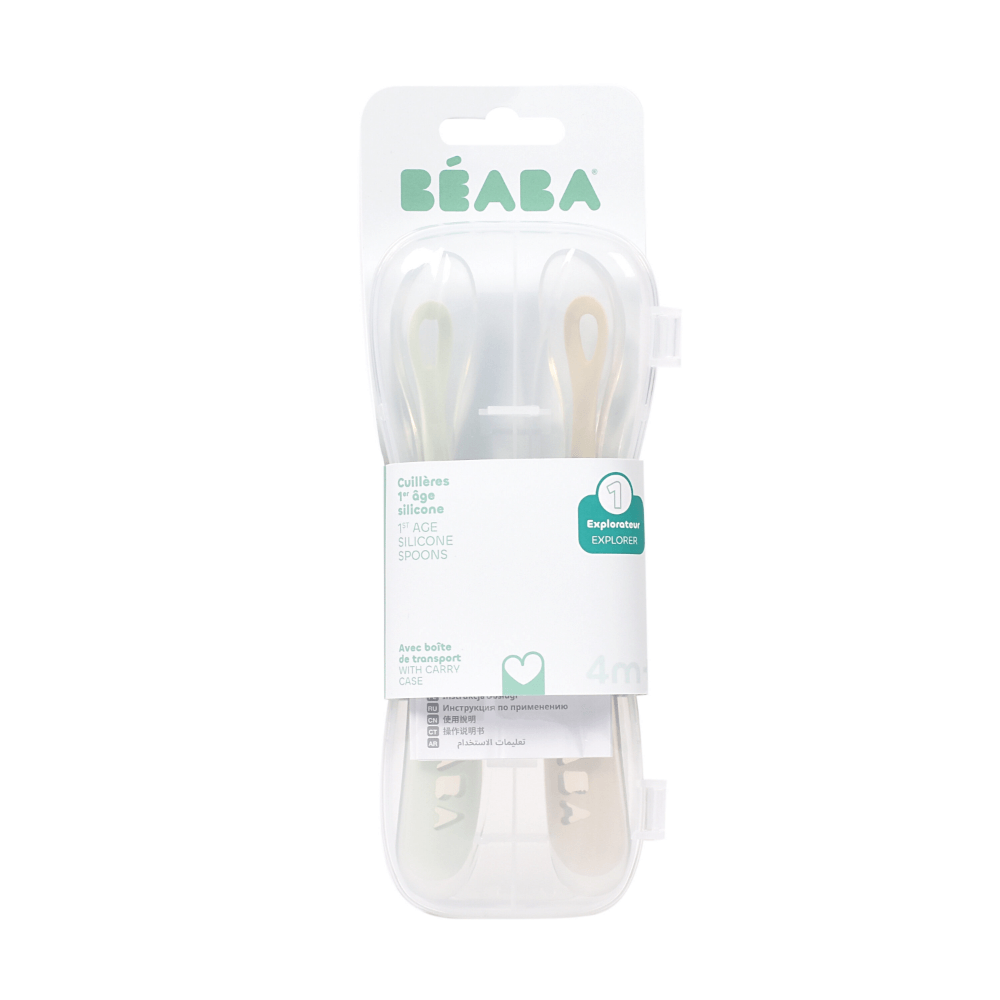 Beaba 1st Stage Silicone Spoon - Set of 2, Baby Led Weaning Self Feeding Training Spoon with Ultra Soft Tip, Gum Friendly, Ergonomic Handles, BPA Free, 4m+
