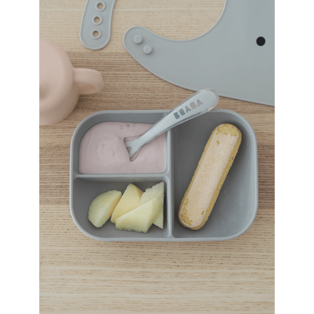 Beaba Silicone 3 Piece Learning Set – Suction Divided Plate, Silicone Learning Cup & 2nd Stage Spoon, Non-Slip, Unbreakable, Easy to Clean, BPA-Free Baby Feeding Set for Mess-Free Mealtime Essentials, 4M+