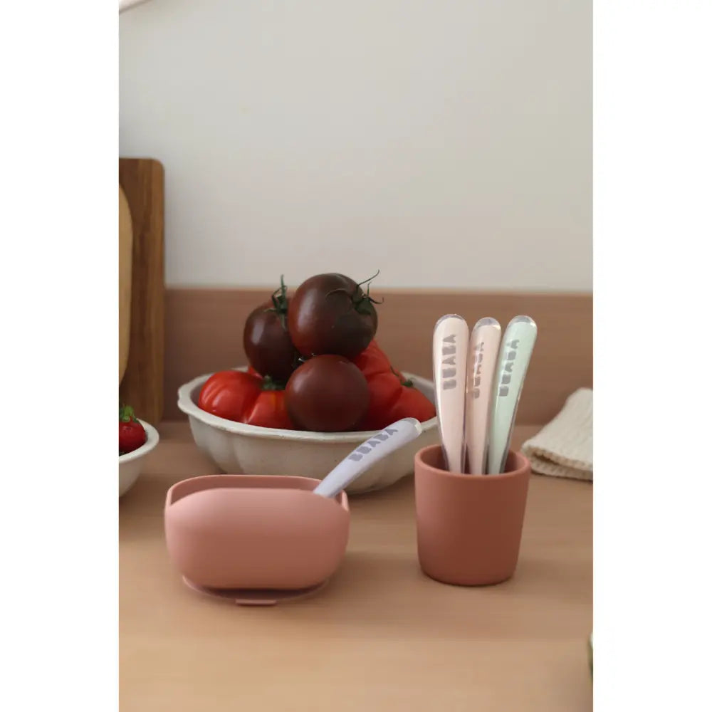 Beaba 1st Stage Silicone Spoon - Set of 4, Baby Led Weaning Self Feeding Training Spoon with Ultra Soft Tip, Gum Friendly, Ergonomic Handles, BPA Free, 4m+