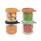 Beaba Glass Storage Container - Ideal Airtight Container for Storing Baby Snacks and Meals with Graduation Measuring Scale, Heat, Freeze, Sterilization, and Microwave Safe, 250ML, Set of 4, Sunrise