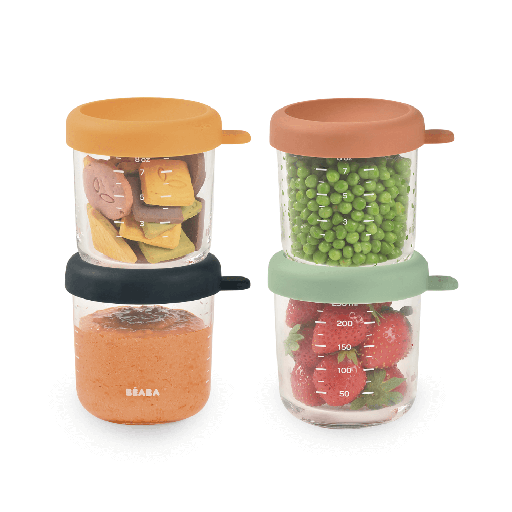Beaba Glass Storage Container - Ideal Airtight Container for Storing Baby Snacks and Meals with Graduation Measuring Scale, Heat, Freeze, Sterilization, and Microwave Safe, 250ML, Set of 4, Sunrise