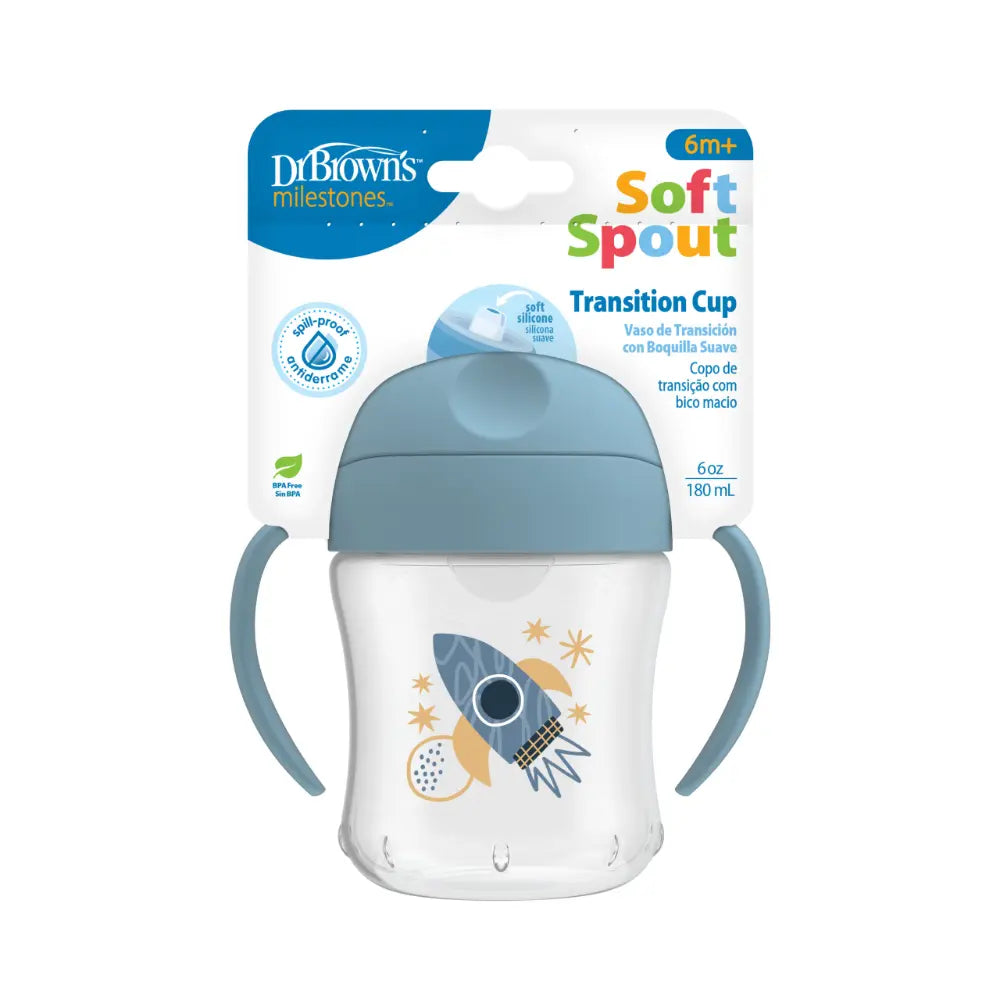 Dr. Brown's 6 oz/180 mL Soft-Spout Transition Cup w/ Handles, Rocket ship (6m+), 1-Pack