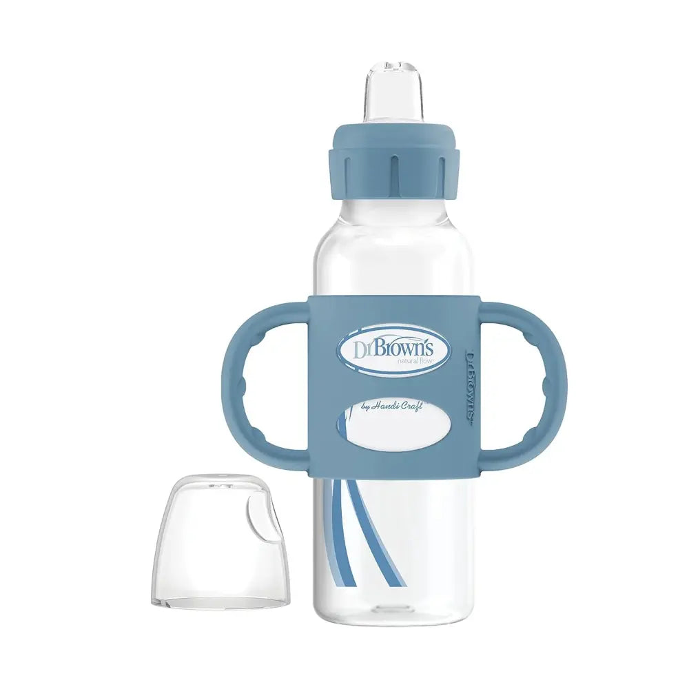 Dr. Brown's 8 oz/250 mL Narrow Sippy Spout Bottle w/ Silicone Handles, Lt Blue & Lt Gray, 2-Pack