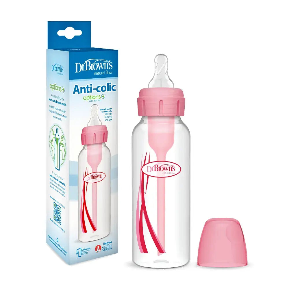 Dr. Brown's Natural Flow Anti-Colic Options+ Narrow Baby Bottle, 8 oz/250 ml, Pink, 1-Pack