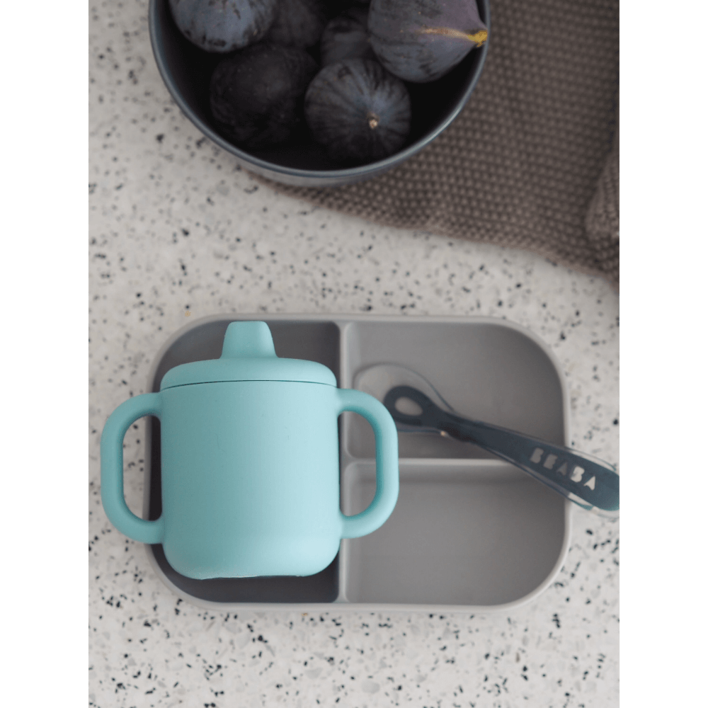 Beaba Silicone 3 Piece Learning Set – Suction Divided Plate, Silicone Learning Cup & 2nd Stage Spoon, Non-Slip, Unbreakable, Easy to Clean, BPA-Free Baby Feeding Set for Mess-Free Mealtime Essentials, 4M+
