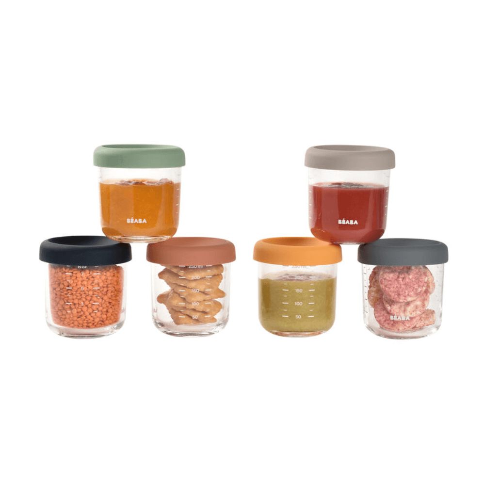 Beaba Glass Storage Container - Ideal Airtight Container for Storing Baby Snacks and Meals with Graduation Measuring Scale, Heat, Freeze, Sterilization, and Microwave Safe, 250ML, Set of 6