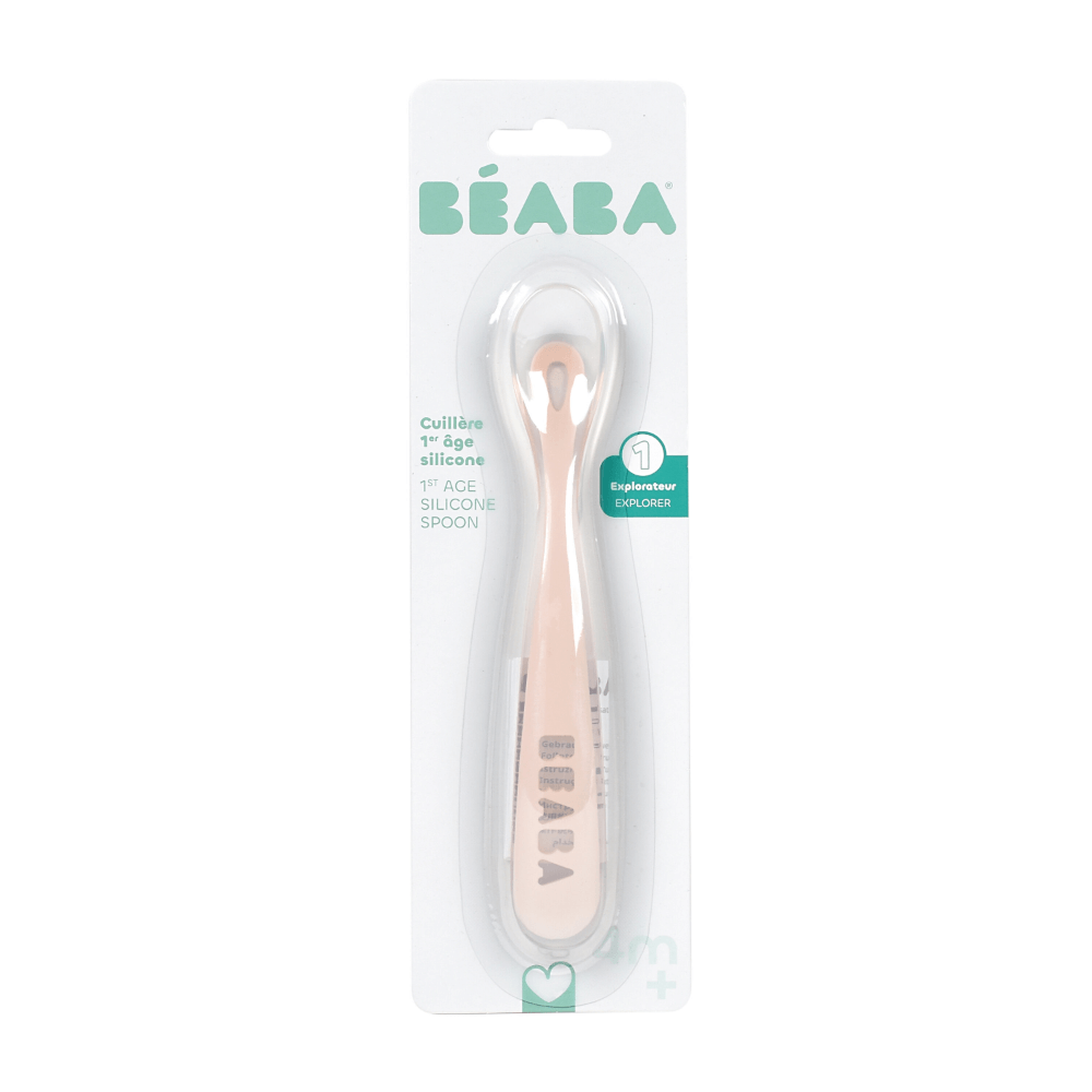 Beaba 1st Stage Silicone Spoon - Baby Led Weaning Self Feeding Training Spoon with Ultra Soft Tip, Gum Friendly, Ergonomic Handles, BPA Free, 4m+