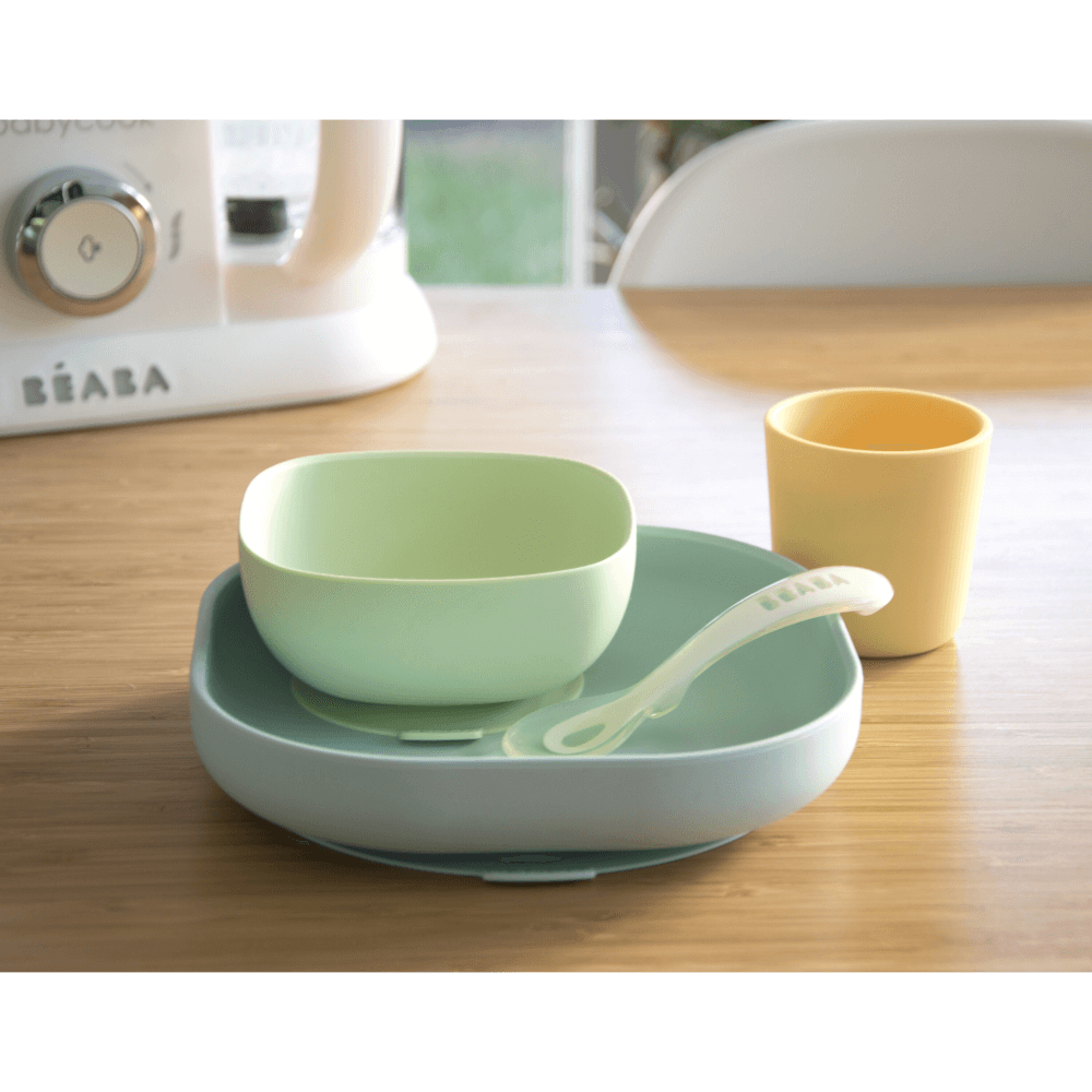 Beaba Silicone 4 Piece Baby Meal Set – Suction Plate, Suction Bowl, Anti-Slip Cup & 2nd Stage Spoon, Non-Slip, Unbreakable, Easy to Clean, BPA-Free Baby Feeding Set for Mess-Free Mealtime Essentials, 4M+