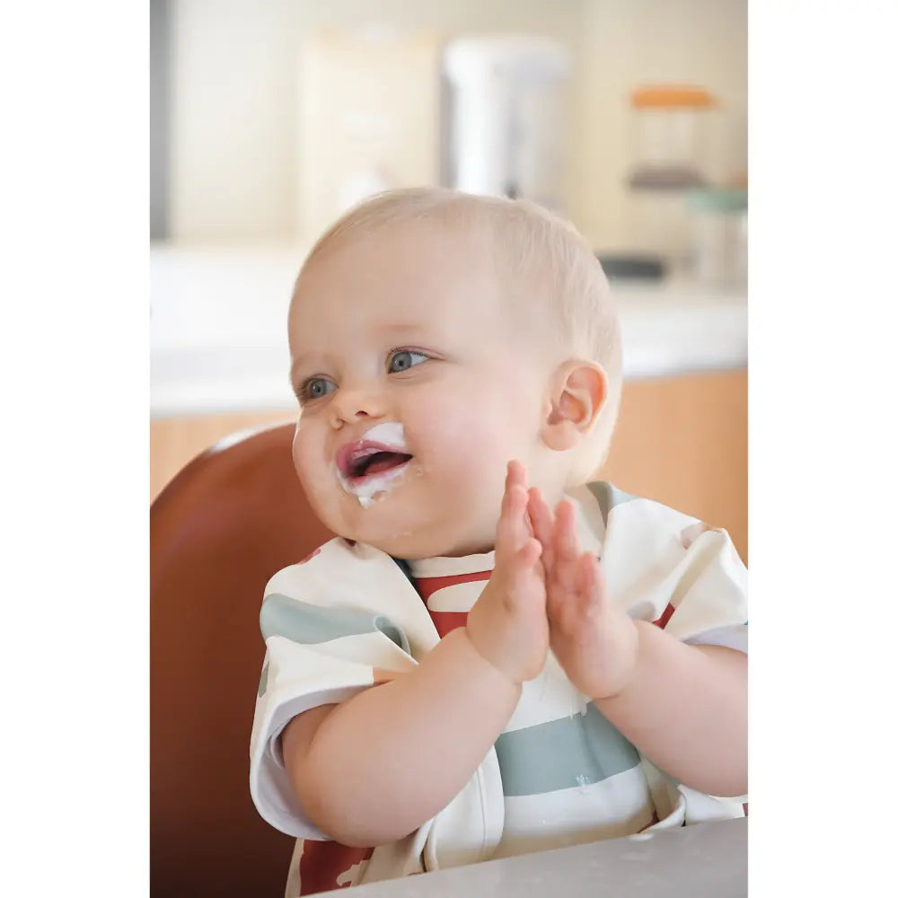 Beaba 2-in-1 Waterproof Bib with Detachable Sleeves, Foldable Food Catcher Pocket, Adjustable Snap Fit & Elastic Cuffs, Soft & Easy-Clean Bib for Feeding & Activities, 4M+