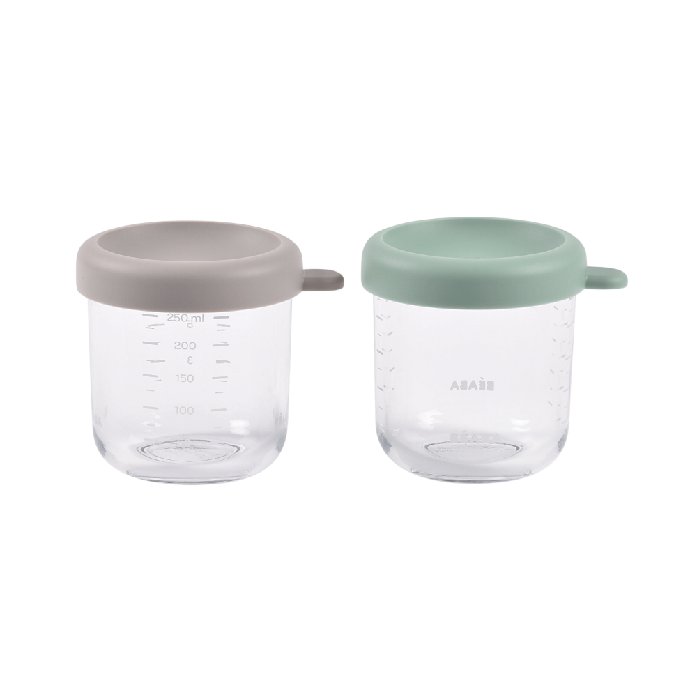 Beaba Glass Storage Container - Airtight Jar for Storing Baby Snacks and Meals with Graduation Measuring Scale, Heat, Freeze, Sterilization, and Microwave Safe, 250ML, Set of 2