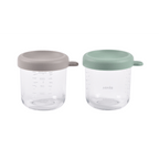Beaba Glass Storage Container - Airtight Jar for Storing Baby Snacks and Meals with Graduation Measuring Scale, Heat, Freeze, Sterilization, and Microwave Safe, 250ML, Set of 2