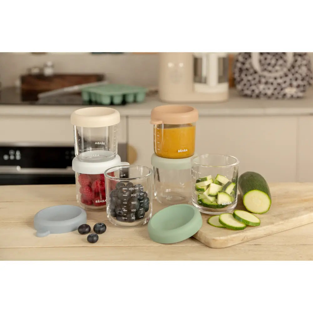 Beaba Glass Storage Container - Ideal Airtight Container for Storing Baby Snacks and Meals with Graduation Measuring Scale, Heat, Freeze, Sterilization, and Microwave Safe, 250ML, Set of 6