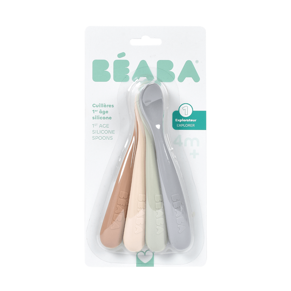 Beaba 1st Stage Silicone Spoon - Set of 4, Baby Led Weaning Self Feeding Training Spoon with Ultra Soft Tip, Gum Friendly, Ergonomic Handles, BPA Free, Natural, 4m+