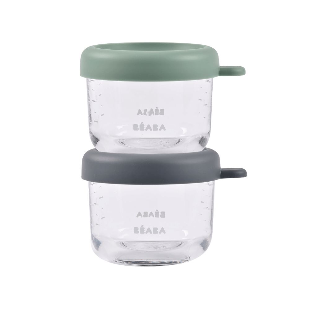 Beaba Glass Storage Jar - Airtight Container for Storing Baby Snacks and Meals with Graduation Measuring Scale, Heat, Freeze, Sterilization and Microwave Safe, 150ML, Set of 2, Sage Green & Mineral