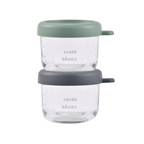 Beaba Glass Storage Jar - Airtight Container for Storing Baby Snacks and Meals with Graduation Measuring Scale, Heat, Freeze, Sterilization and Microwave Safe, 150ML, Set of 2, Sage Green & Mineral