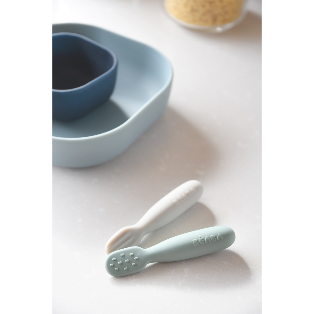 Beaba Set of 2 Silicone Pre-Feeding Spoons for Baby and Infants - Textured Tip + Flat Tip, Gentle on Gums, Short and Round Ergonomic Handle, Soft Food Grade Silicone, 4m+