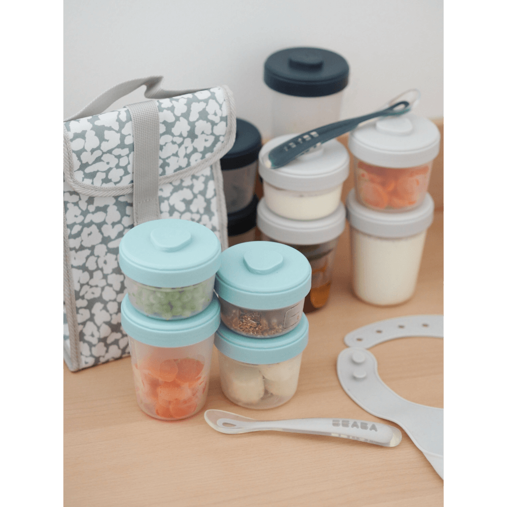 Beaba Expert Food Storage Set - Airtight Interlocking Containers for Baby & Toddler Meals with Graduation Scale, Microwave & Freezer Safe, Set of 14 (2 x 90ML, 4 x 150ML, 6 x 250ML & 2 Spoons)