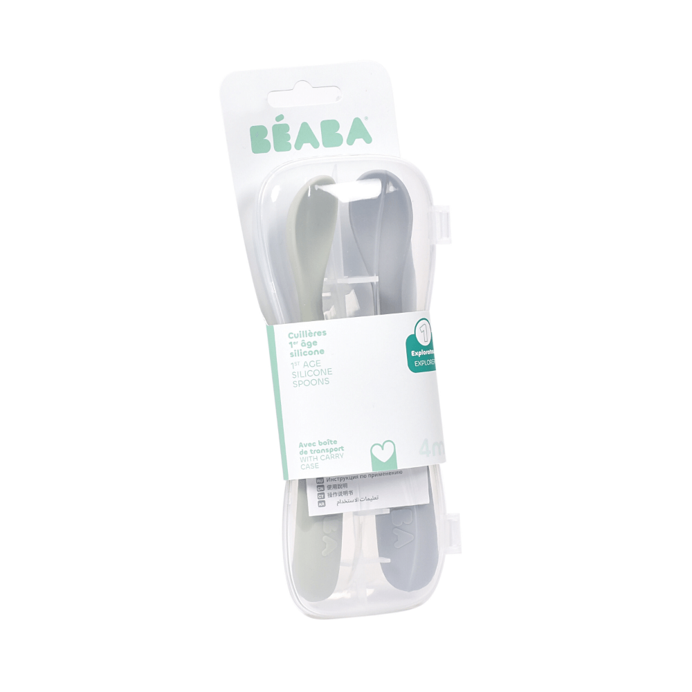 Beaba 1st Stage Soft Silicone Spoon - Set of 2, Baby Led Weaning Self Feeding Training Spoon with Ultra Soft Tip, Gum Friendly, Ergonomic Handles, Easy to clean, BPA Free, 4m+